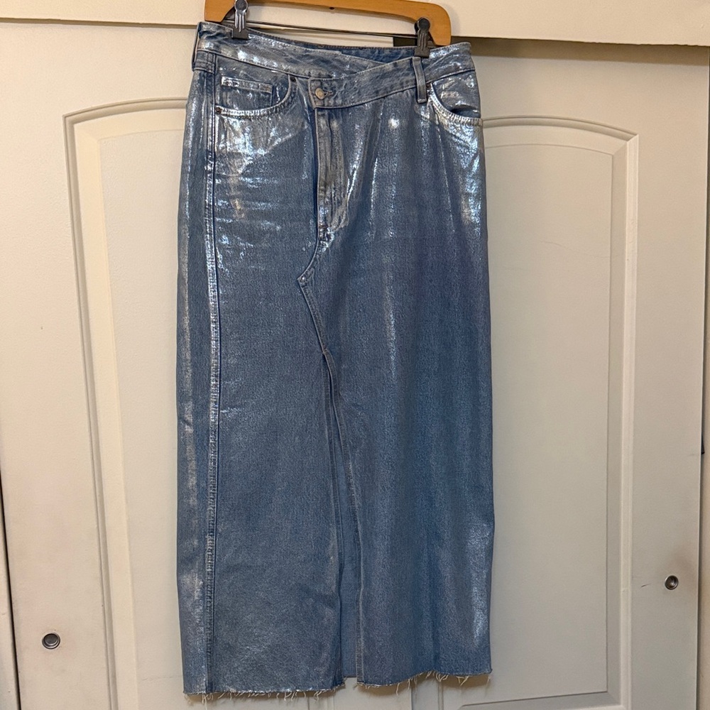 Zara Metallic Blue Denim Skirt